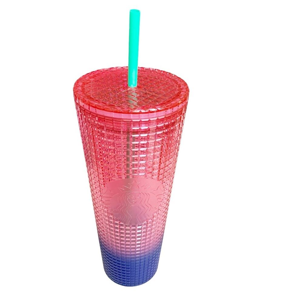 Starbucks 2002 Watermelon Purple Ombre Grid 24 oz Tumbler With Straw NWT